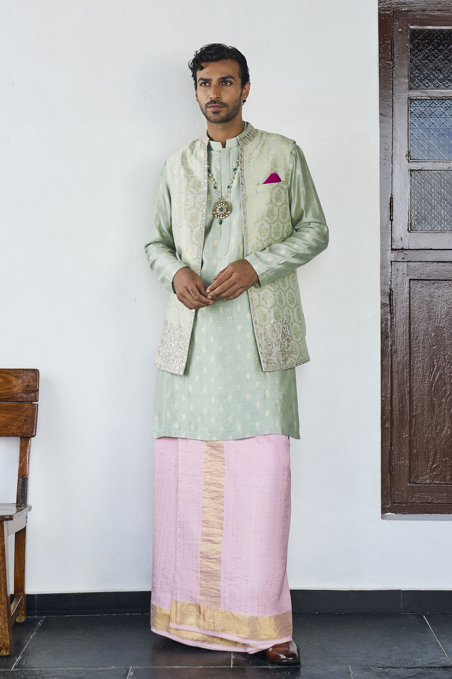 Dildar Kurta in Sage Benarasi